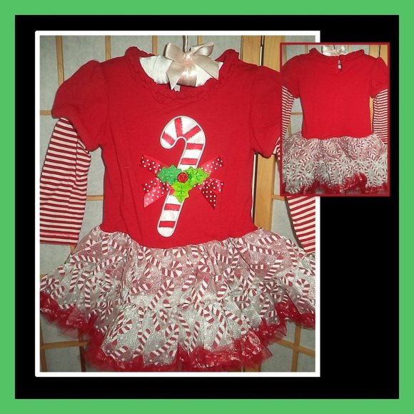 RARE TOO! CHRISTMAS DRESS HOLIDAY RED/WHITE CANDY CANE TULLE GIRLS SIZE 24 MO. - Picture 2 of 5